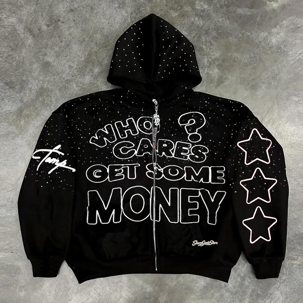 Sharpgentsstore Street Retro Rhinestone Zipper Hoodie